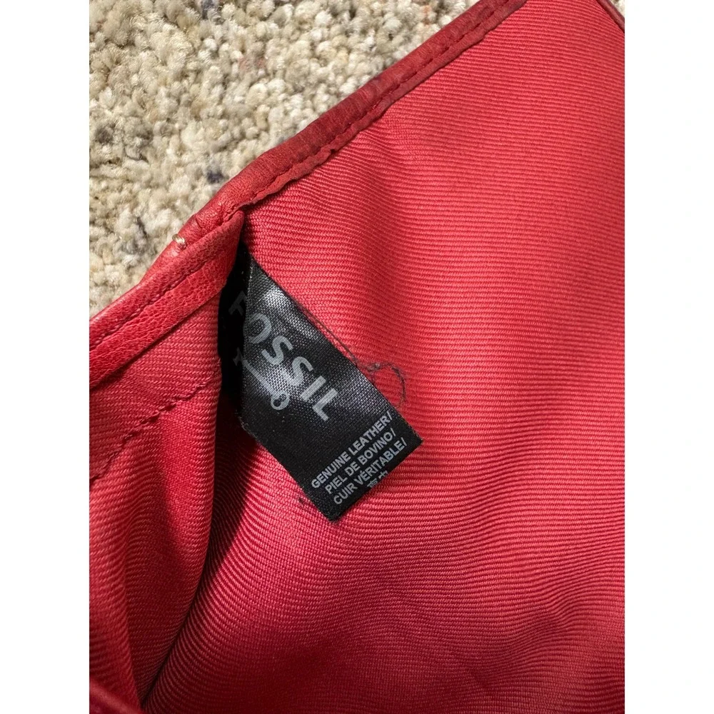 Fossil Womens Trifold Wallet Red Pebbled Genuine Leather Vintage Boho Classic